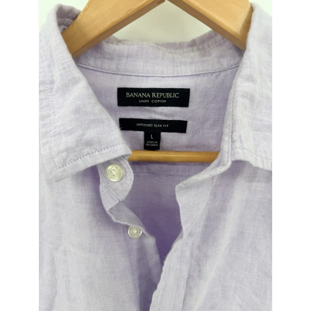Banana Republic Linen Cotton Sz L Untucked Slim Fit Button Up Shirt Lilac Beachy